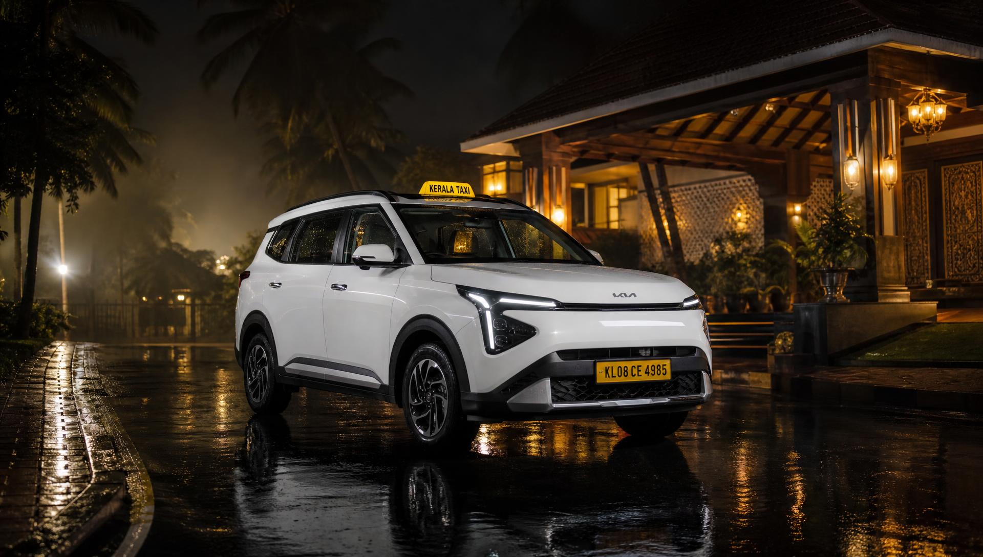 Premium Kerala taxi at a resort portico on a rain-soaked night